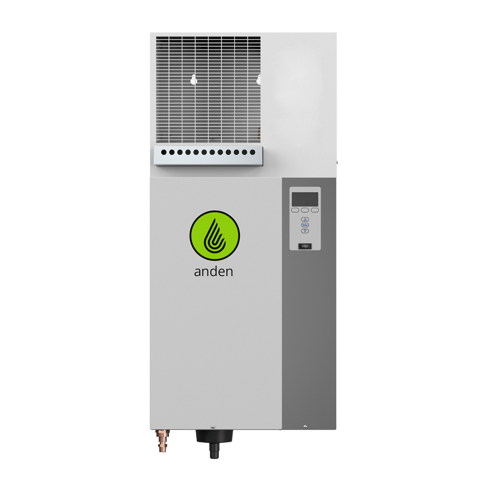White Anden AS35FP steam humidifier with green logo and digital display on gray panel.