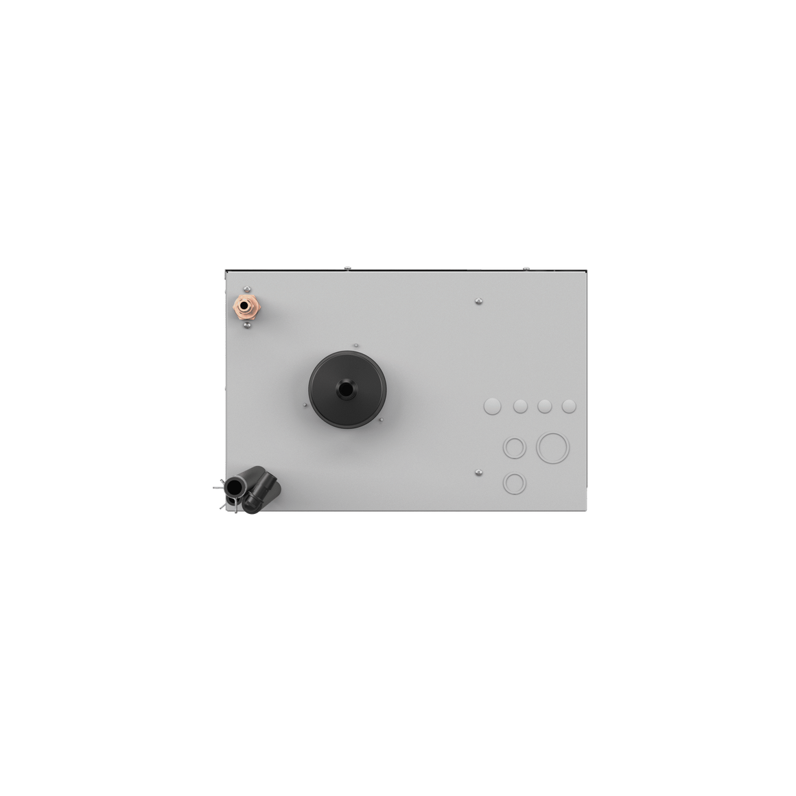 Close-up of a light gray humidifier casing with various components, including a black circular dial and copper fittings.