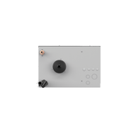 Close-up of a light gray humidifier casing with various components, including a black circular dial and copper fittings.