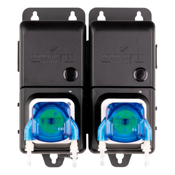 Two Aquamaster Tools C10 peristaltic pumps, black with blue pump heads and white tubing.