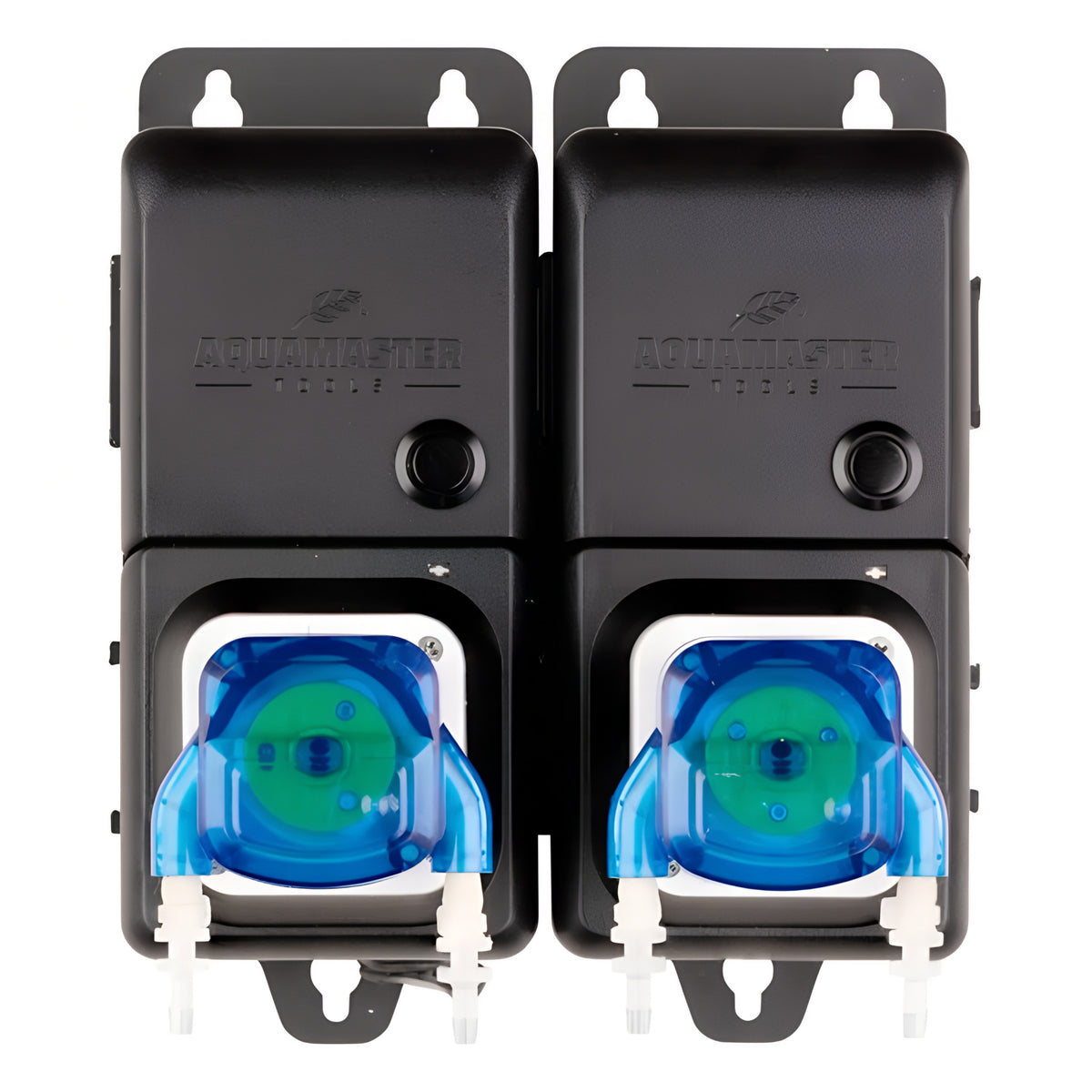 Two Aquamaster Tools C10 peristaltic pumps, black with blue pump heads and white tubing.