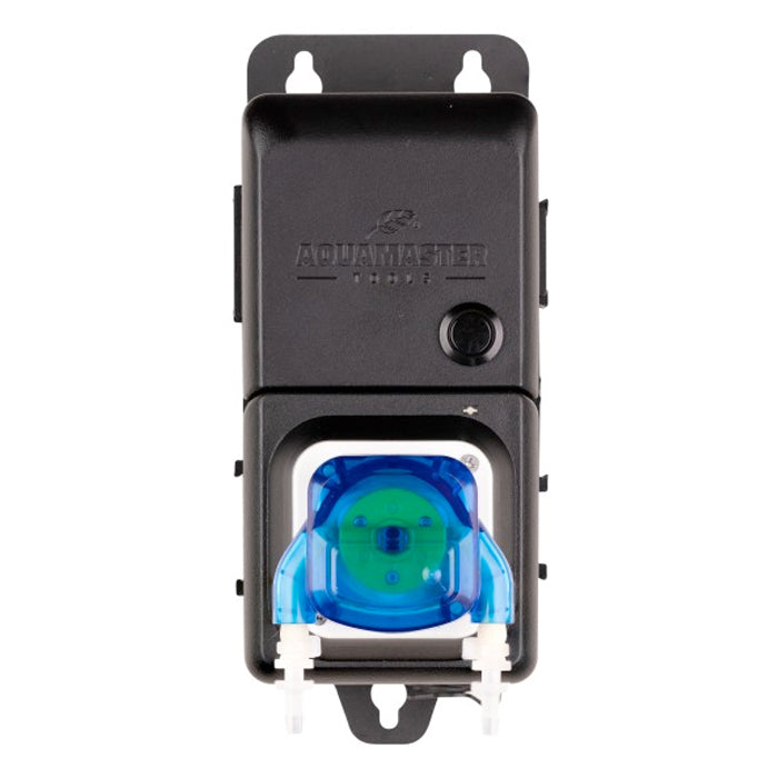 Black Aquamaster peristaltic pump unit with blue dosing head.