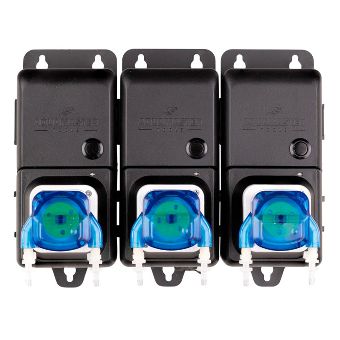 AquaMasterTools C10 triple peristaltic pump unit with blue pump heads and white tubing.