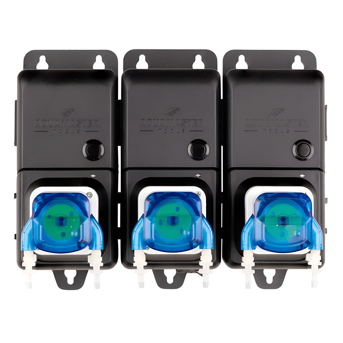 AquaMasterTools C10 triple peristaltic pump unit with blue pump heads and white tubing.