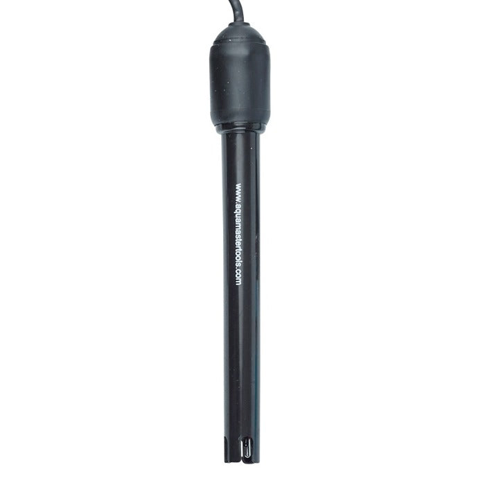 Black pH/EC sensor probe with "www.aquamastertools.com" text, on white background.
