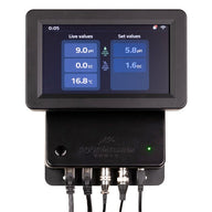 AquaMaster Tools C800-Pro pH EC controller with live and set values on screen, and connected cables.