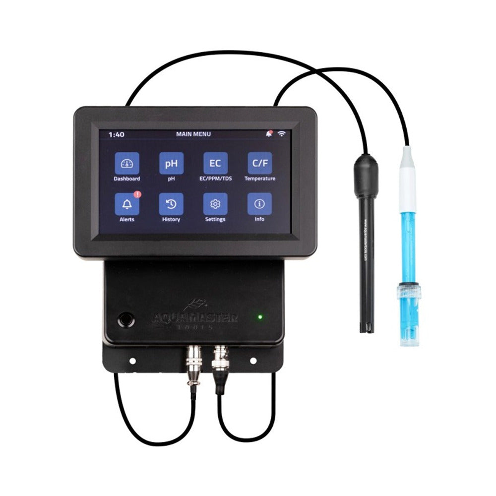 AquaMaster Tools C800 Pro pH EC controller with touch screen and two probes.