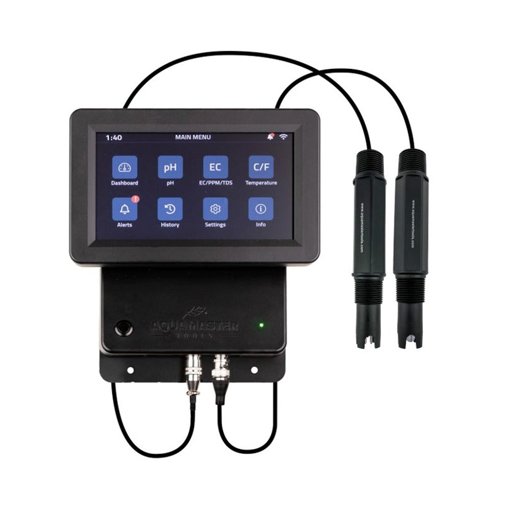 AquaMaster C800 inline controller with pH and EC/TDS/Temp probes.