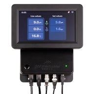AquaMaster C800 controller showing live and set pH, EC, and temperature values on a digital display.