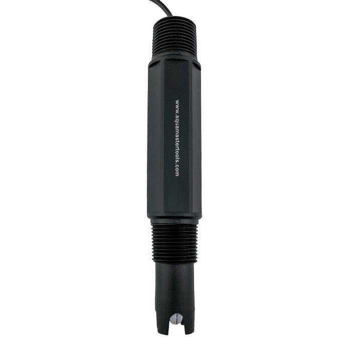 Black inline pH electrode with threaded ends and a white website address printed vertically on its body.