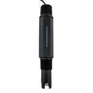 Black inline pH electrode with threaded ends and a white website address printed vertically on its body.