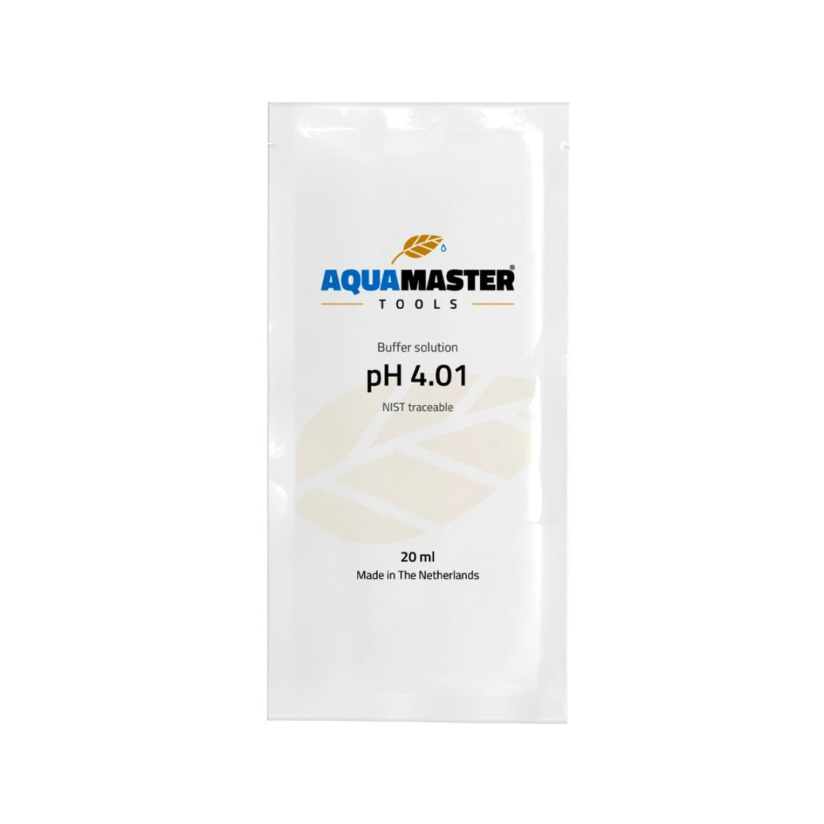 AquaMaster pH 4.01 buffer solution sachet, 20ml, NIST traceable, made in The Netherlands.