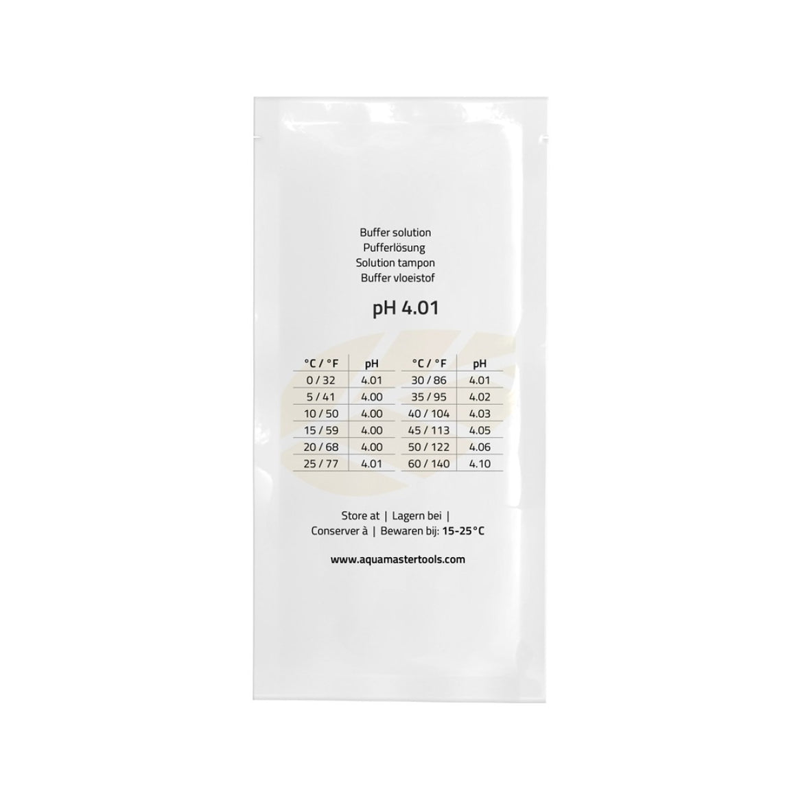 AquaMasterTools pH 4.01 buffer solution sachet with temperature chart.