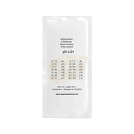 AquaMasterTools pH 4.01 buffer solution sachet with temperature chart.