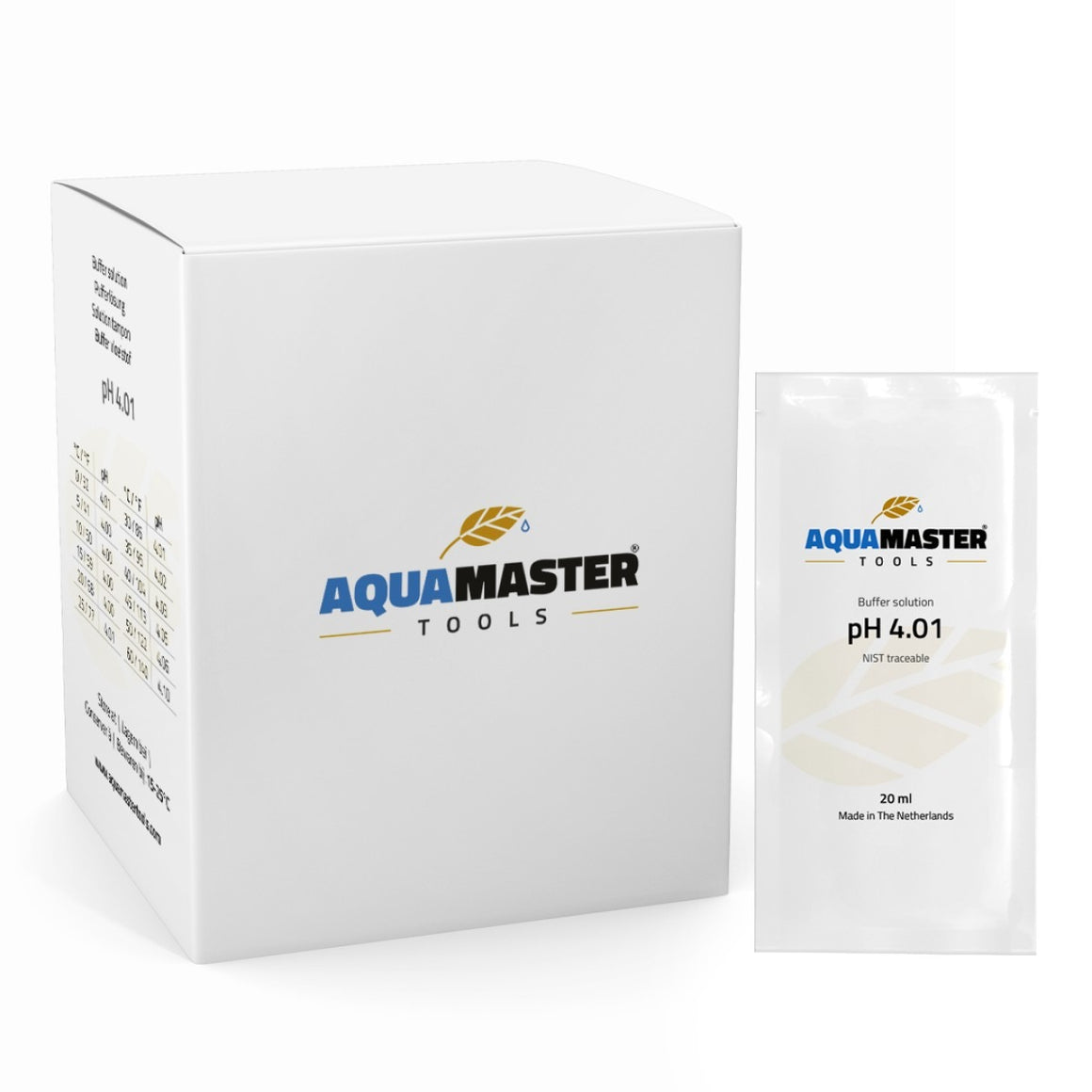 AquaMaster Tools pH 4.01 buffer solution sachet next to its box.