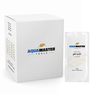 AquaMaster Tools pH 4.01 buffer solution sachet next to its box.