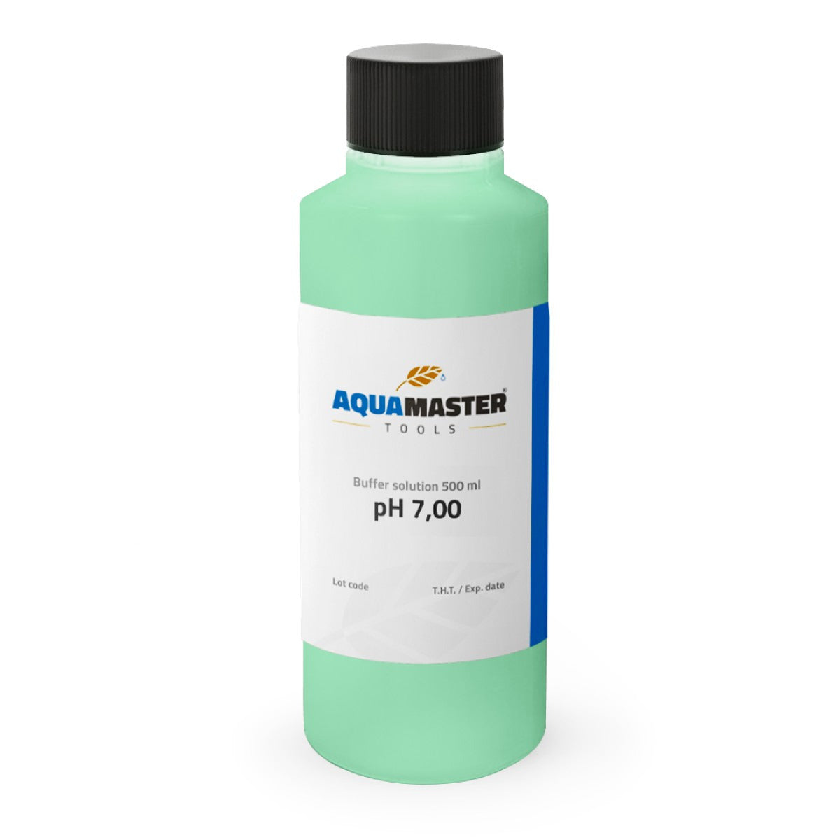 Aquamaster pH 7.00 buffer solution in a green plastic bottle with a black cap, 500 ml.