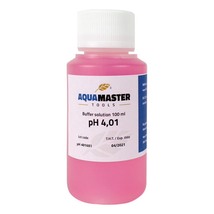 Pink Aquamaster Tools pH 4.01 buffer solution bottle, 100 ml.