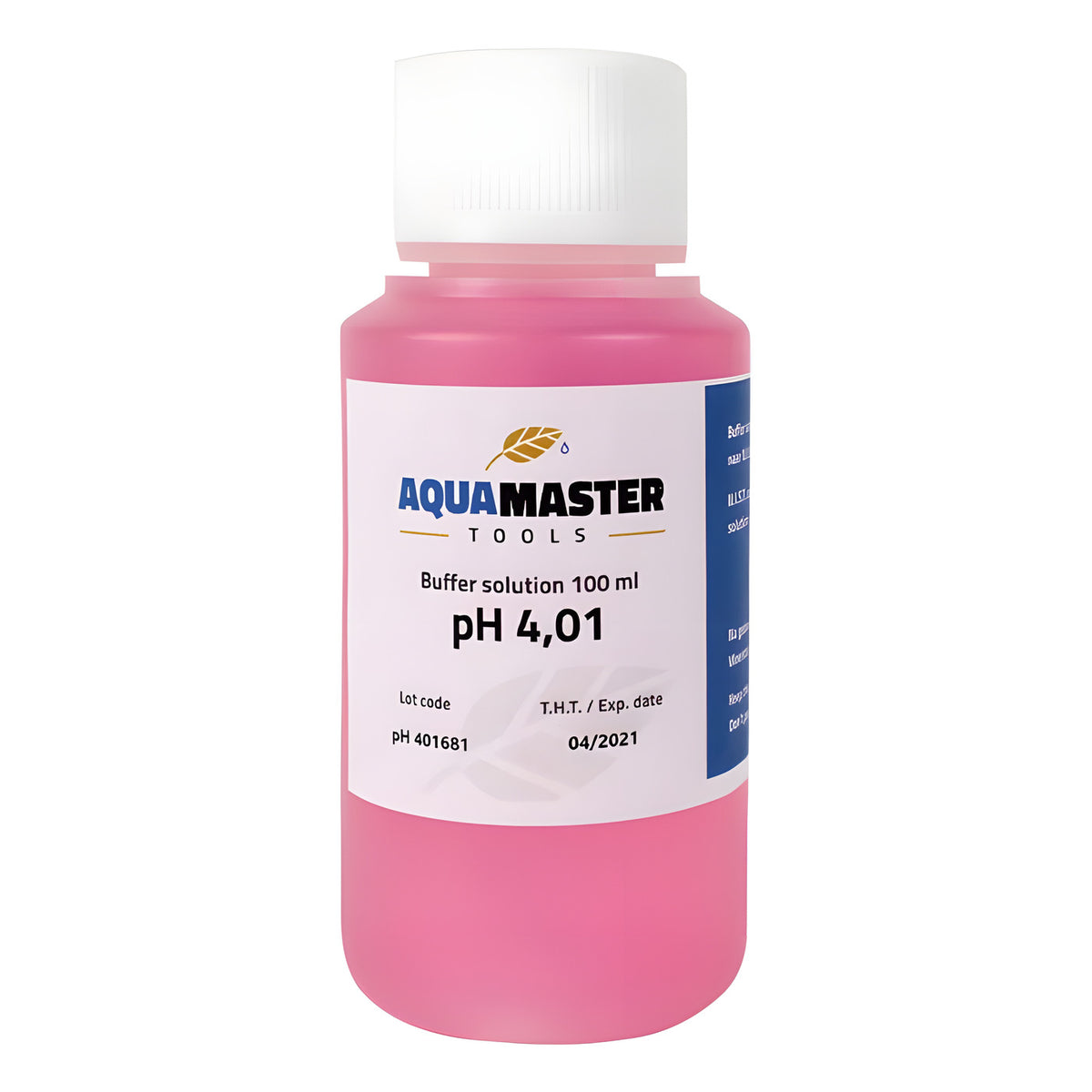Pink Aquamaster Tools pH 4.01 buffer solution bottle, 100 ml.