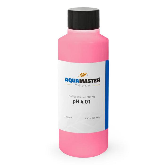 Pink Aquamaster pH 4.01 buffer solution bottle.