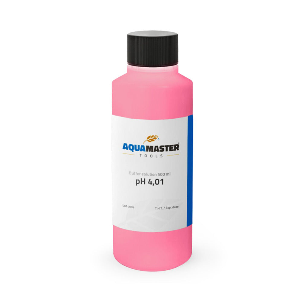 Pink Aquamaster pH 4.01 buffer solution bottle.