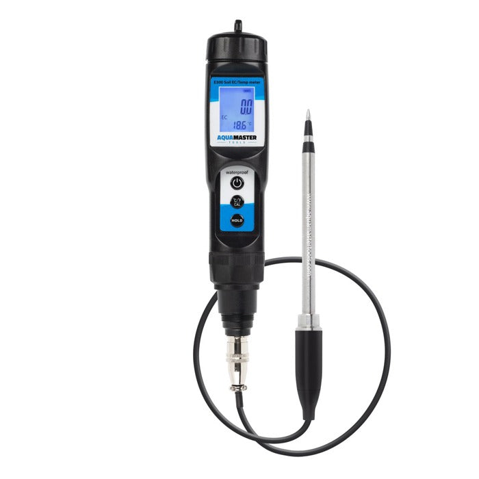 AquaMaster Tools E300 Pro soil EC/temp meter with black body, blue LCD screen, and silver probe.