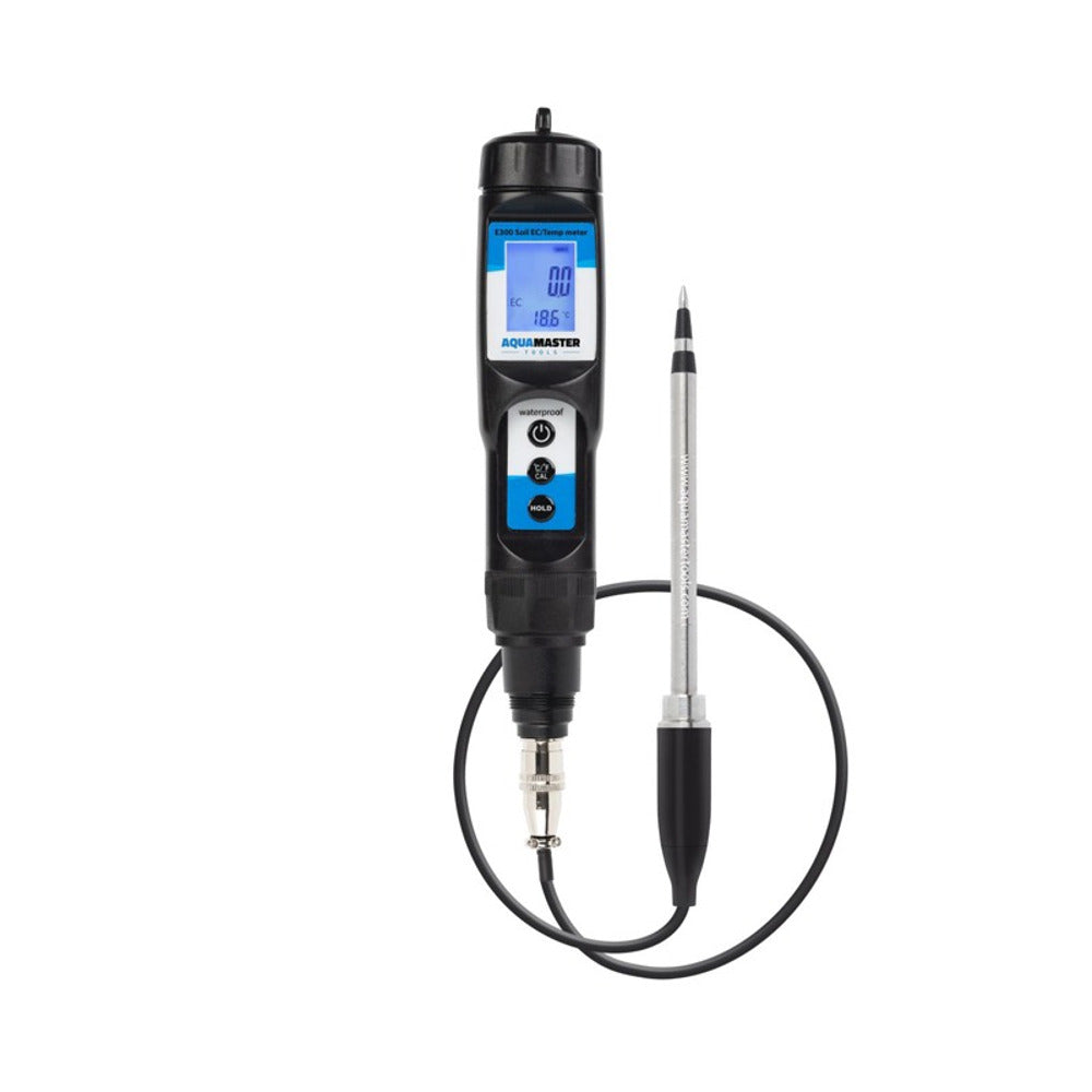 AquaMaster Tools E300 Pro soil EC/temp meter with black body, blue LCD screen, and silver probe.