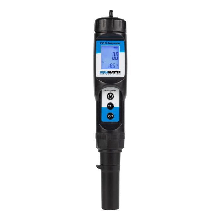 AquaMaster Tools E50 Pro EC Temp meter with LCD screen, showing 18.6°C and "nn uu".