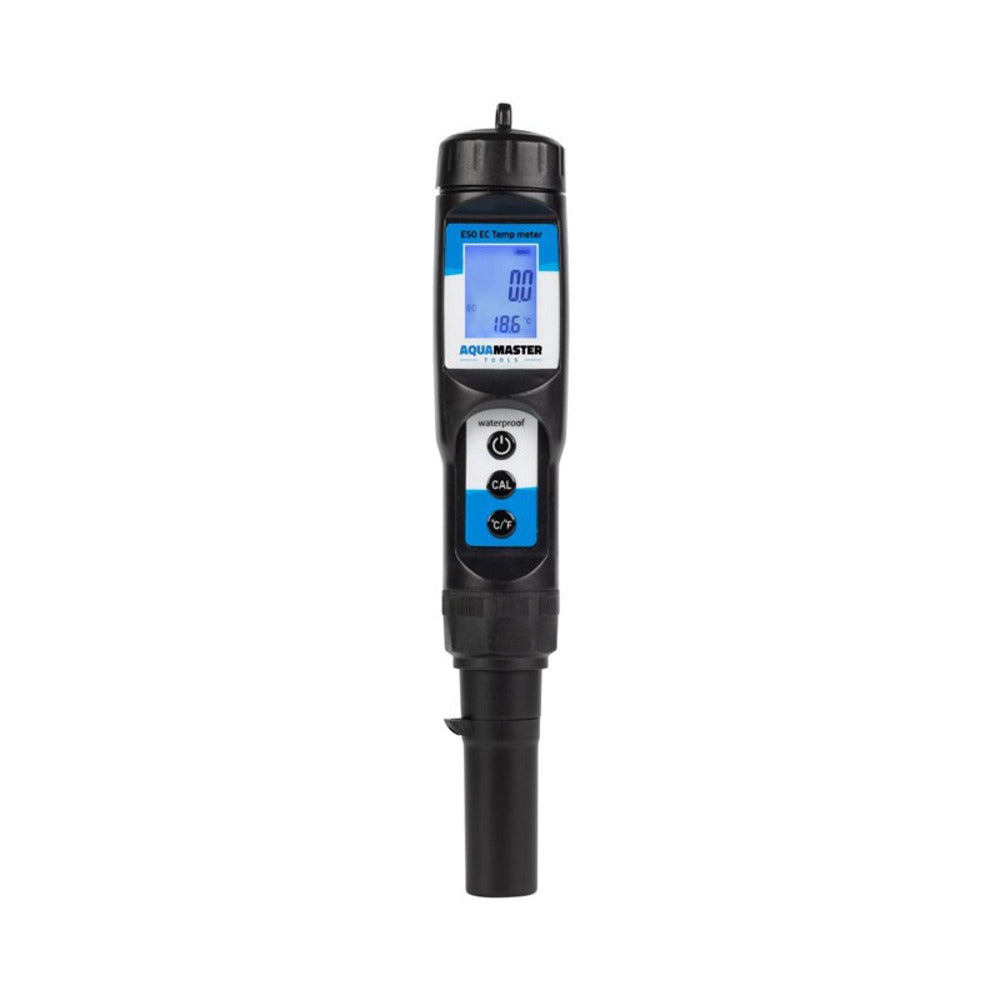 AquaMaster Tools E50 Pro EC Temp meter with LCD screen, showing 18.6°C and "nn uu".