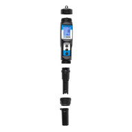 AquaMaster E50 Pro EC and Temperature Meter, disassembled. Features digital display, buttons, probe, and protective caps.