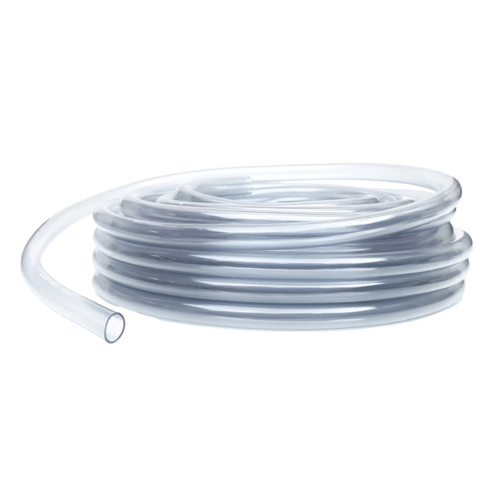 Clear vinyl tubing coiled on a white background.