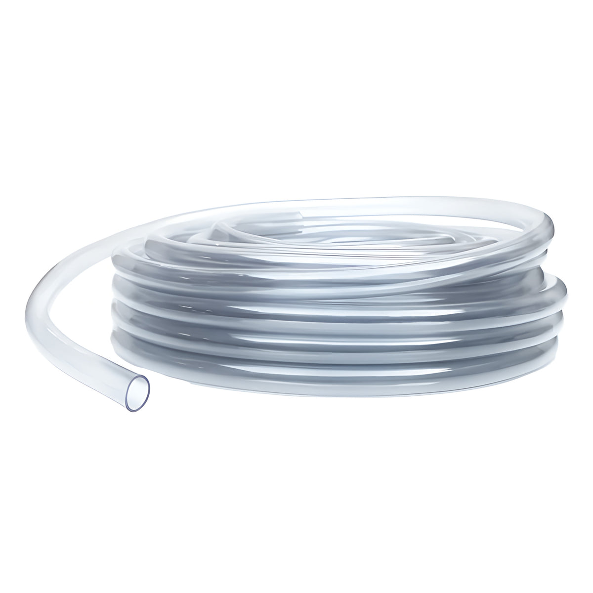 Clear vinyl tubing coiled on a white background.
