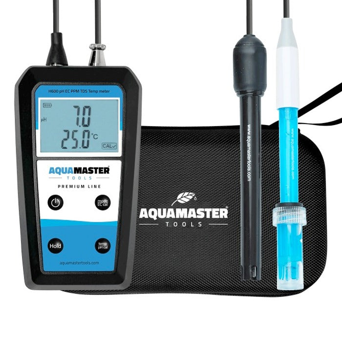 AquaMaster H600 Pro handheld pH, EC, TDS, and temperature meter with probes and carrying case.