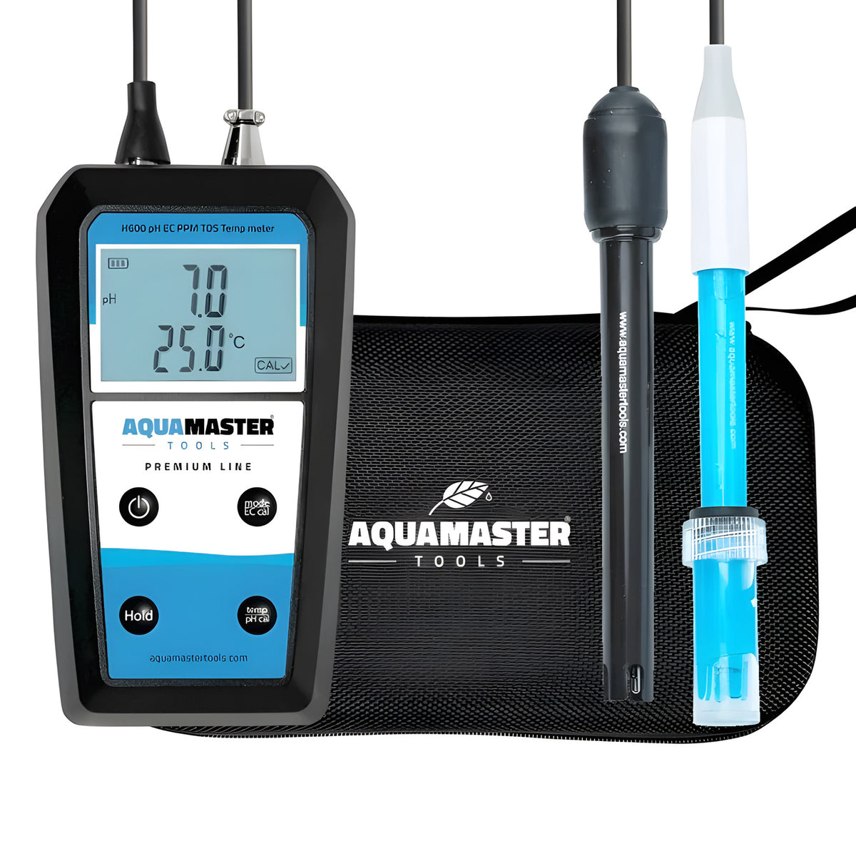 AquaMaster H600 Pro handheld pH, EC, TDS, and temperature meter with probes and carrying case.