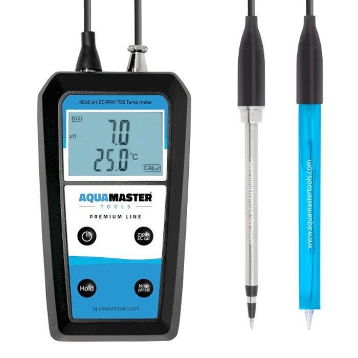 AquaMaster H600 Pro handheld meter with pH, EC, TDS, and temperature probes.