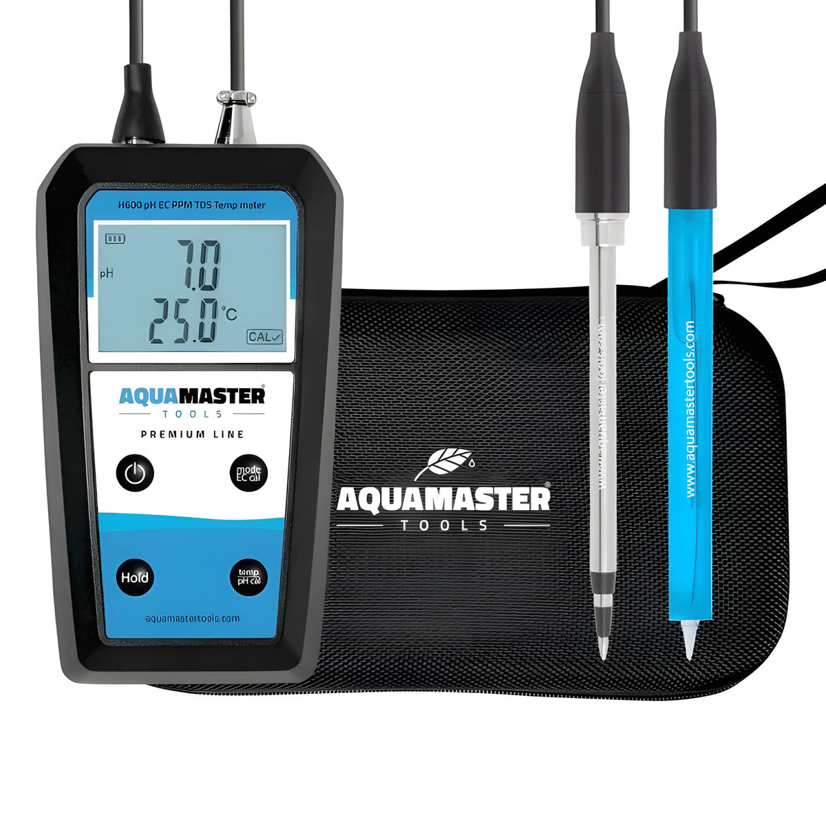 AquaMaster H600 handheld pH meter with probes, displaying 7.0 pH and 25.0°C.