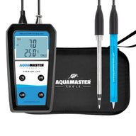 AquaMaster H600 handheld pH meter with probes, displaying 7.0 pH and 25.0°C.