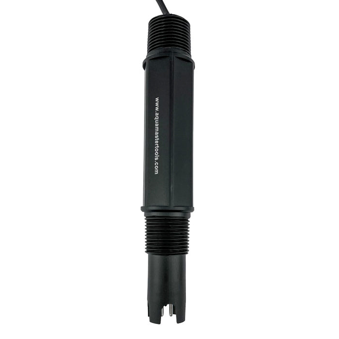 Black inline EC/TDS electrode with threaded fittings and website "www.aquamastertools.com" text.