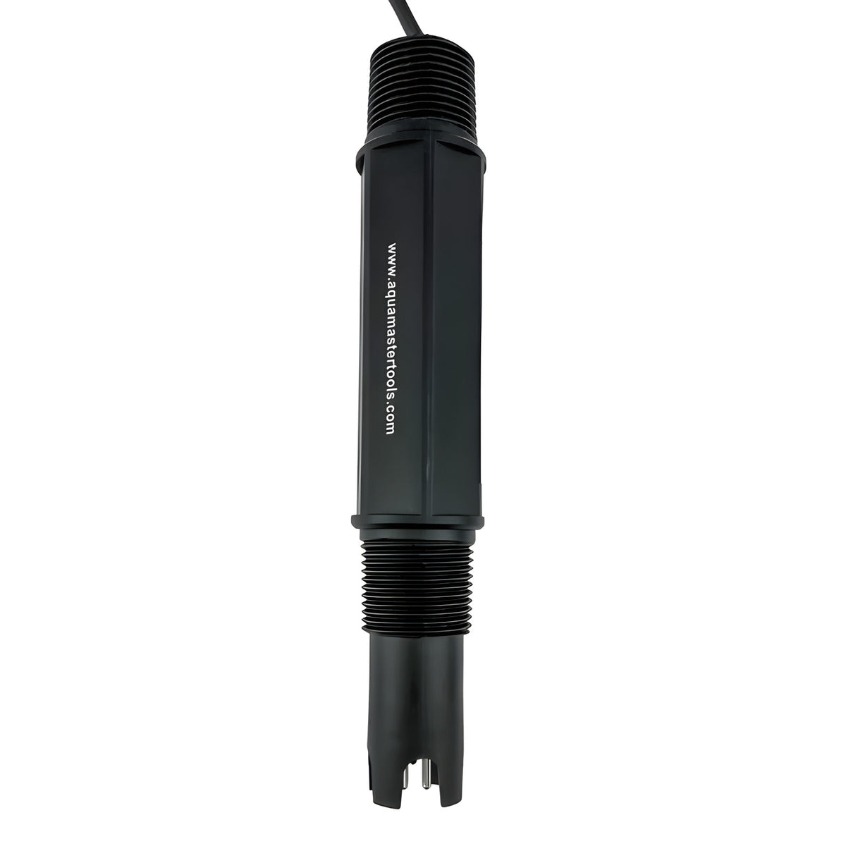 Black inline EC/TDS electrode with threaded fittings and website "www.aquamastertools.com" text.