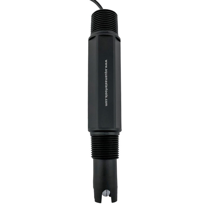 Black inline pH electrode from AquaMasterTools with threaded ends and a website address.