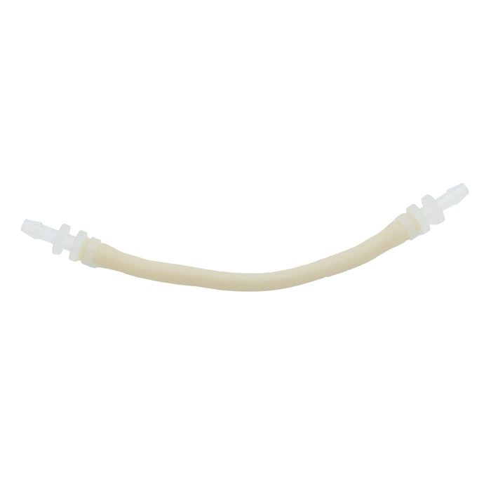 Curved cream peristaltic pump inner hose with clear barbed fittings on each end.