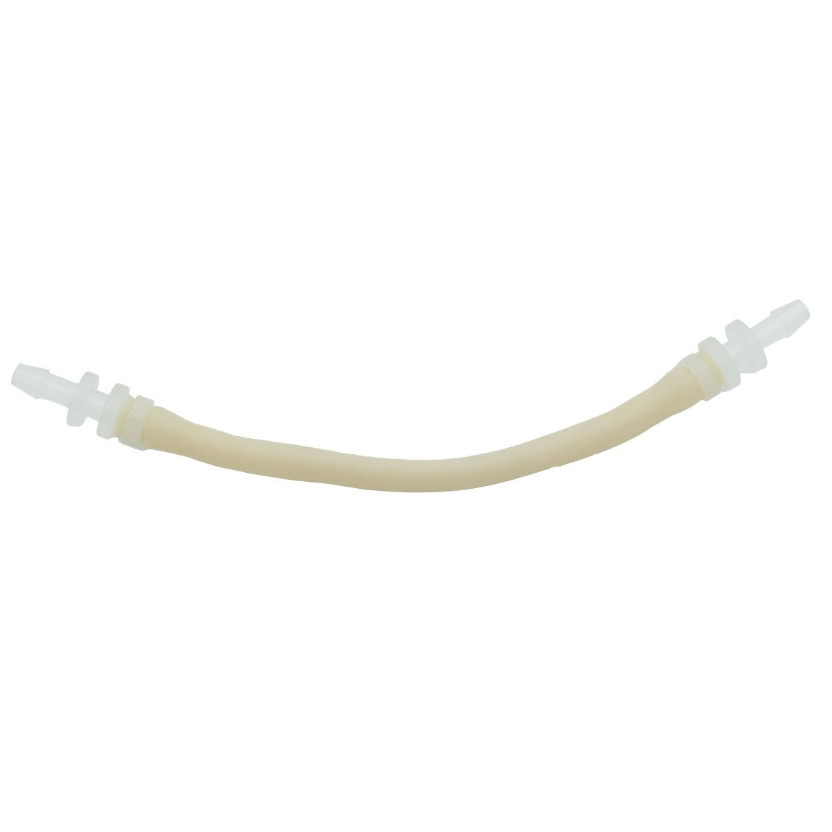 Curved cream peristaltic pump inner hose with clear barbed fittings on each end.