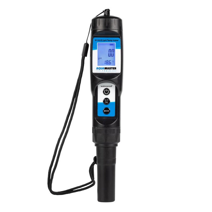 AquaMaster P110 Pro combo pen pH/EC/temp meter with a digital display and three buttons, on a white background.