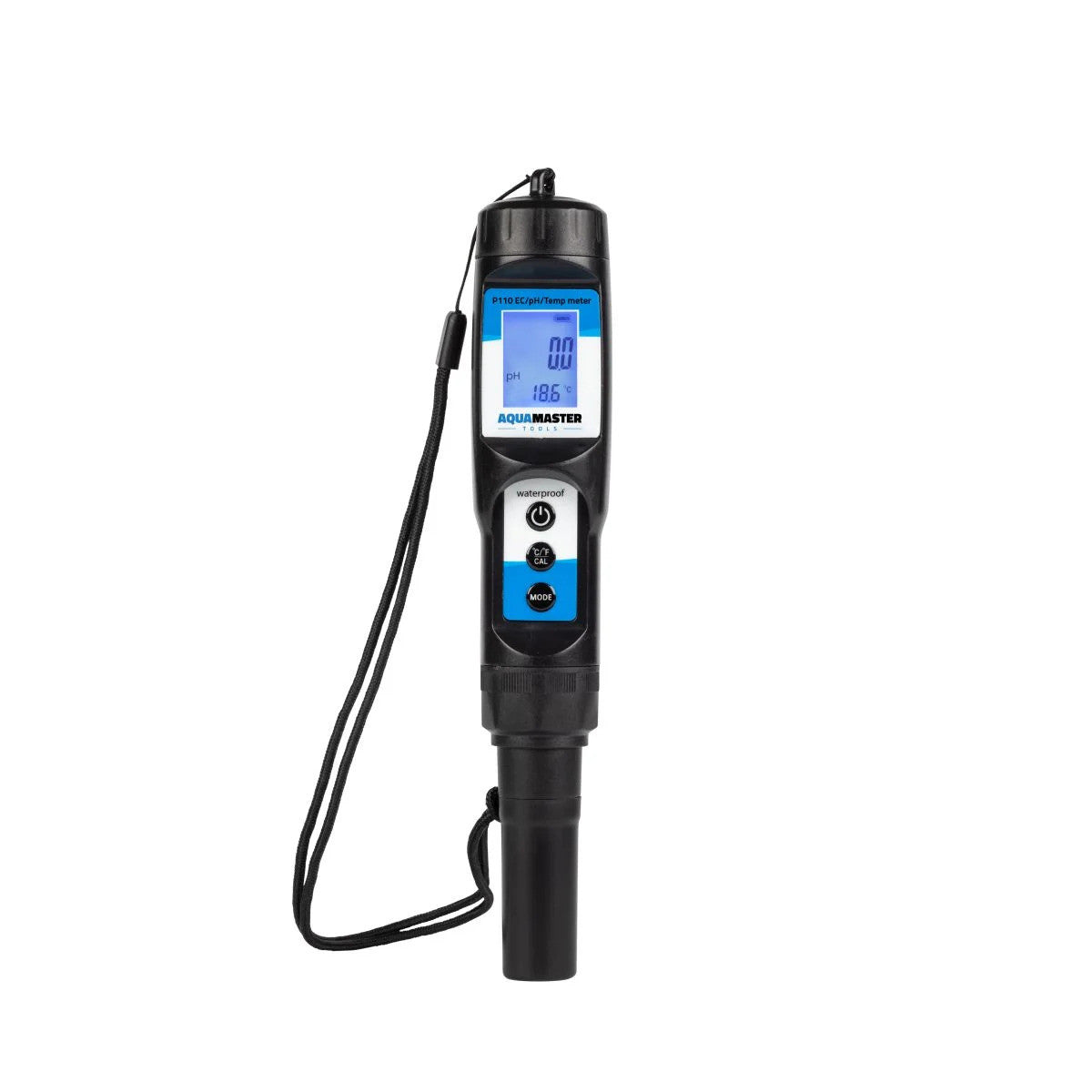 AquaMaster P110 Pro combo pen pH/EC/temp meter with a digital display and three buttons, on a white background.