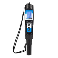 AquaMaster P110 Pro combo pen pH/EC/temp meter with a digital display and three buttons, on a white background.
