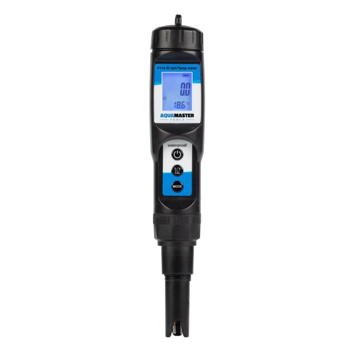 AquaMaster P110 digital EC/pH/Temp meter with LCD screen and buttons.