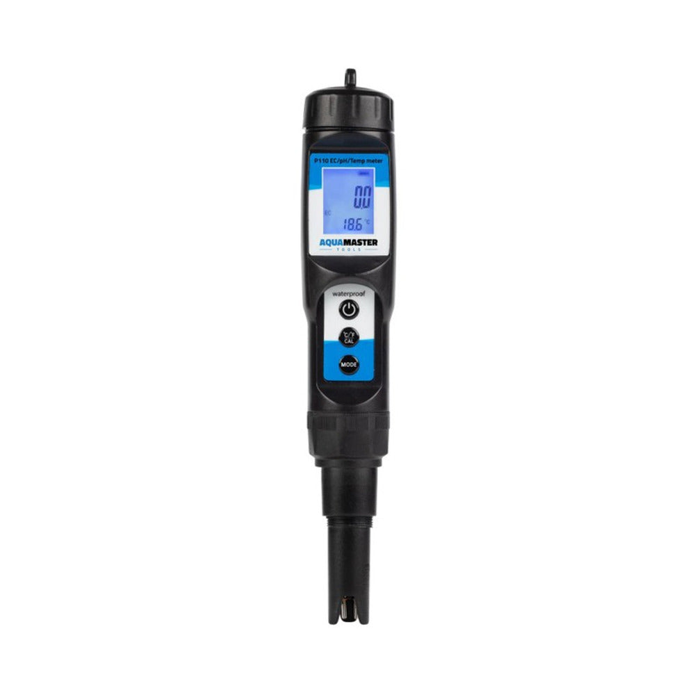 AquaMaster P110 EC/pH/Temp meter with LCD display, buttons, and waterproof design.