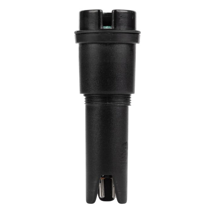 Black, threaded pH electrode with exposed metallic tips and a two-pronged connector.