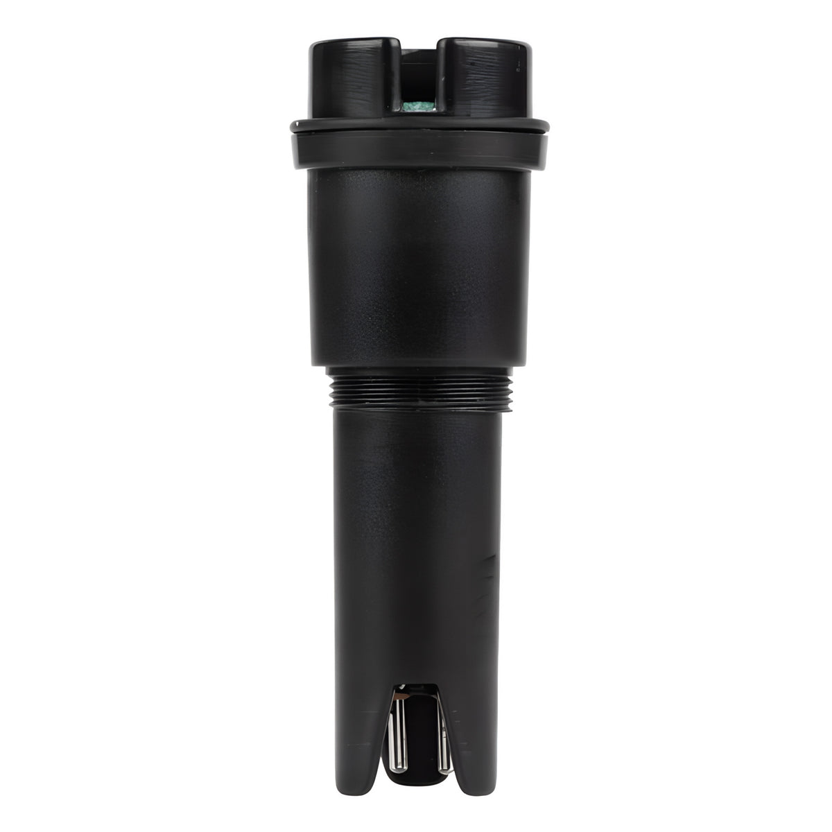 Black, threaded pH electrode with exposed metallic tips and a two-pronged connector.