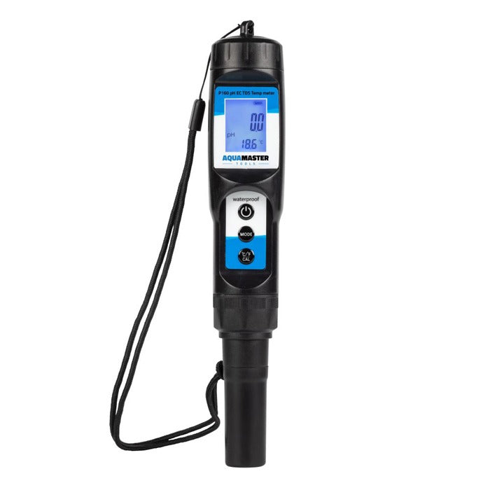 AquaMaster P160 Pro combo pen: waterproof pH, EC, TDS, temp meter with digital display and buttons.
